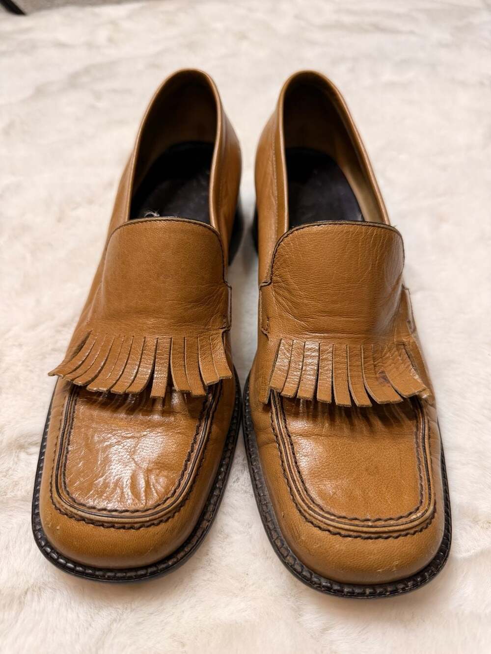 Prada Milano Tan Leather Kiltie Fringe Loafers Block Heel Size 39